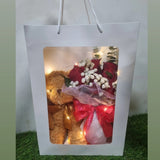 6 red roses bouquet in gift bag with teddy bear and fairy lights