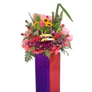 Sunflowers, red roses, pink lilies and purple orchids grand opening congratulatory flowers