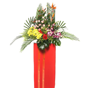 Yellow gerbera daisies, red gerberas, pink roses and purple orchids grand opening congratulatory flowers