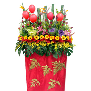 Yellow gerbera, red roses, pink lilies and purple cabbage flower grand opening congratulatory flowers