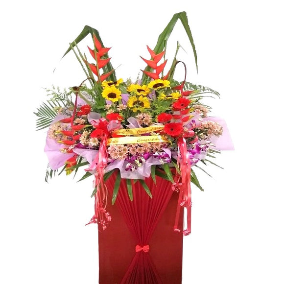 Sunflowers, purple chrysanthemum, purple orchids, red gerbera and heliconia grand opening congratulatory flowers