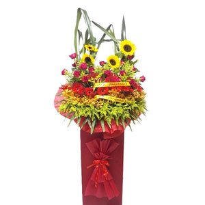 Sunflowers, red roses, red gerbera and yellow orchids grand opening congratulatory flowers