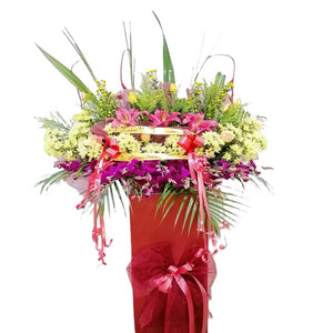 Yellow chrysanthemum, yellow roses and purple orchids grand opening congratulatory flowers