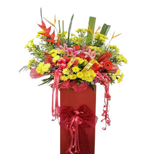 Pink lilies, orange gerbera, yellow chrysanthemum and heliconia grand opening congratulatory flowers