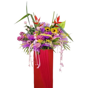 Sunflowers, pink roses, purple chrysanthemum and heliconia grand opening congratulatory flowers