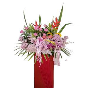 Sunflowers, pink roses, purple chrysanthemum and heliconia grand opening congratulatory flowers