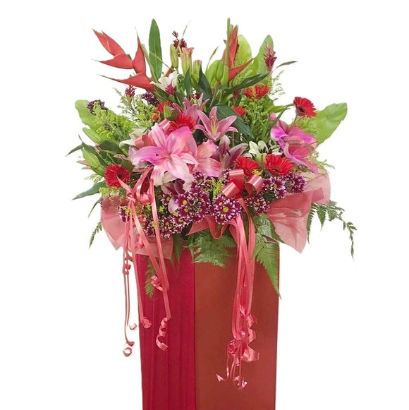 Pink lilies, red gerbera, purple chrysanthemum and heliconia grand opening congratulatory flowers