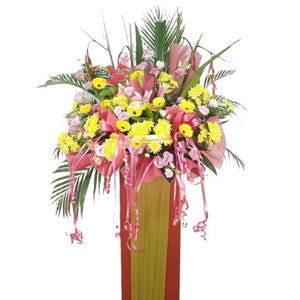 Yellow chrysanthemum, pink lilies, yellow gerbera and pink eustoma grand opening congratulatory flowers