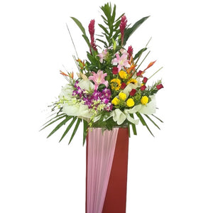 Sunflowers, pink lilies, yellow roses, red roses and purple orchids grand opening congratulatory flowers