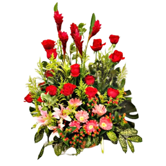 Red roses, gerberas, lilies and ginger flowers table flower arrangement