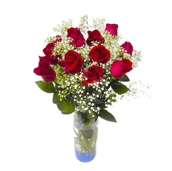 10 red roses in a vase table flower arrangement