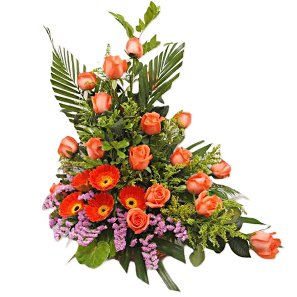 Orange roses and orange gerberas table flower arrangement