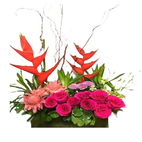 Pink roses, heliconia and ginger flower table flower arrangement