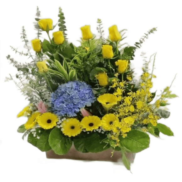 Yellow roses, yellow gerberas, blue hydrangea, pink lilies and golden shower table flower arrangement