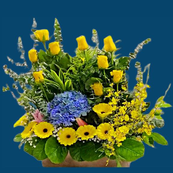 KFA0106 | Yellow Roses and Gerberas with Blue Hydrangea Table Flower