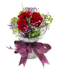 KFA0107 | 3 Preserved Red Roses with Pebbles in Glass Vase