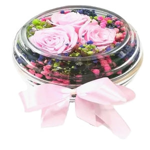 KFA0109 | 3 Preserved Pink Roses with Baby breath in Glass Vase