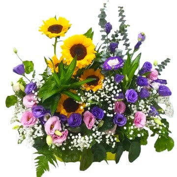 Sunflowers, pink eustoma and purple eustoma table flower arrangement