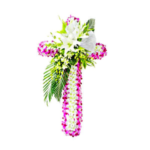 White lilies, white and purple orchids wreath