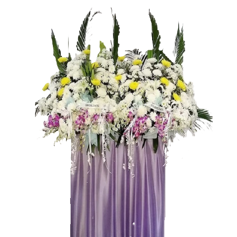 Purple orchids, yellow and white chrysanthemum flowers wreath