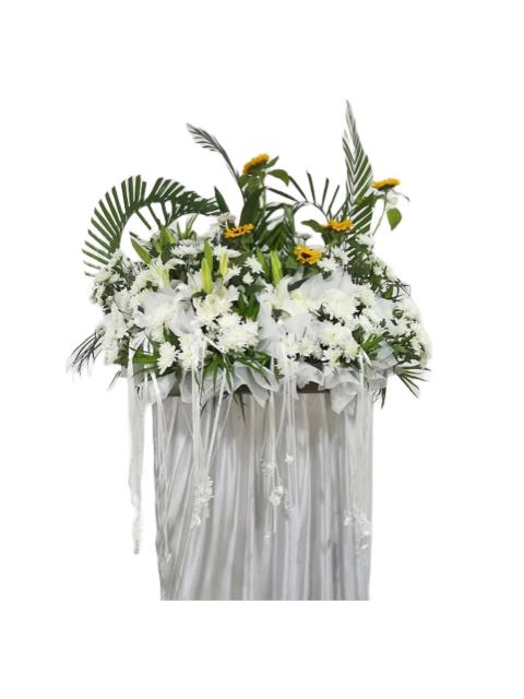 Sunflowers, white lilies and white chrysanthemum flowers wreath