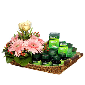 Get well gift hamper with Brands essence of chicken and flowers