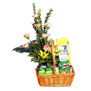 Get well gift hamper with Brands essence of chicken, biscuits, milo, creamer and flowers