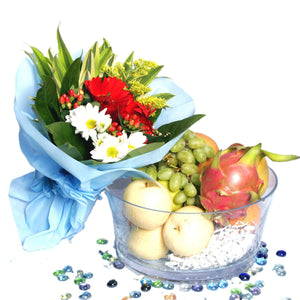 Get well floral fruit gift hamper with flower bouquet