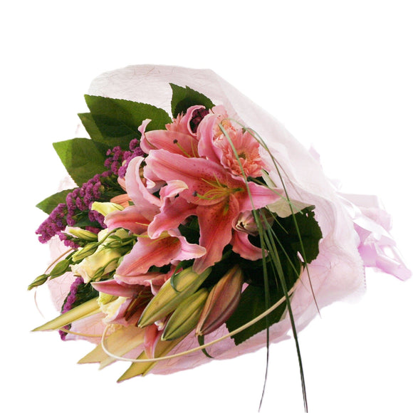 Pink lilies bouquet with white eustomas and pink gerberas