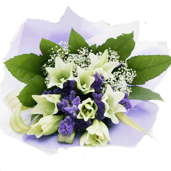 8 white lilies bouquet with purple wrapper