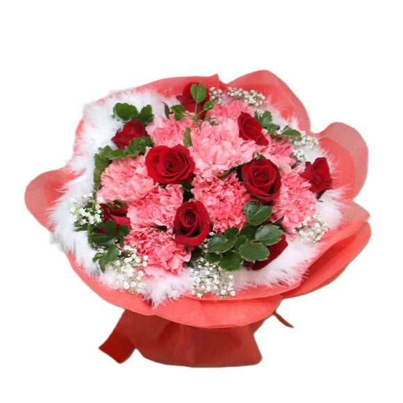 9 pink carnations and 9 red roses bouquet