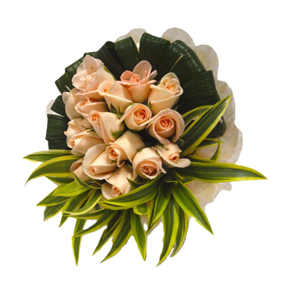 18 champagne roses with green foliage bouquet