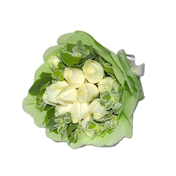12 white roses with green foliage bouquet