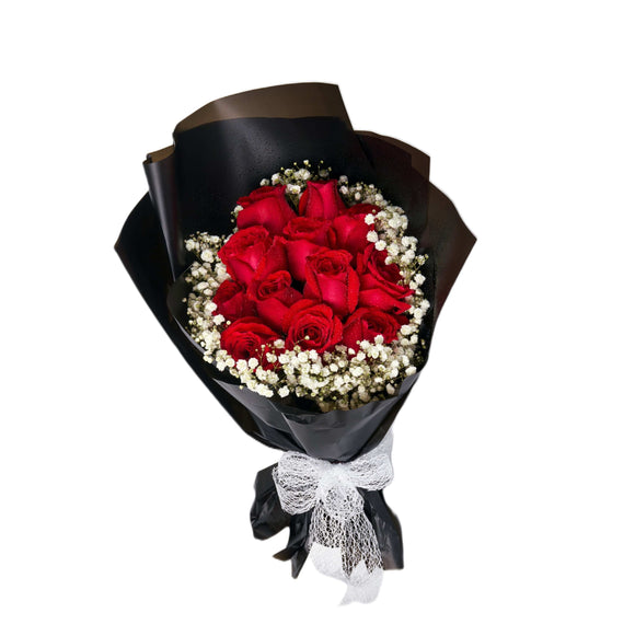 12 red roses bouquet with black wrapper