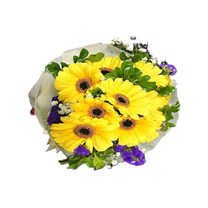 10 yellow geberas with purple statice and baby's breath bouquet