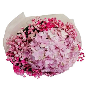 Pink hydrangea with baby's breath bouquet