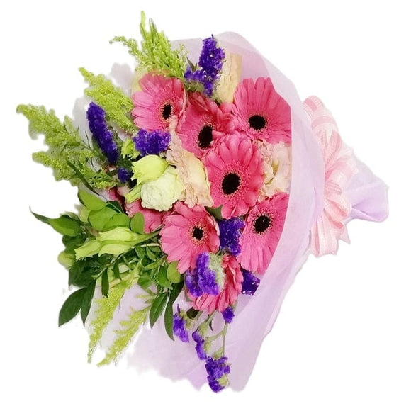 10 pink gerberas with white eustoma bouquet