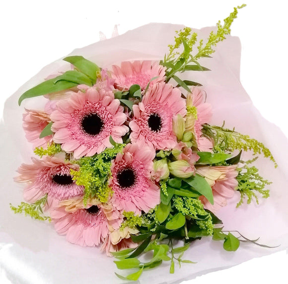 10 pink gerberas with pink eustoma bouquet