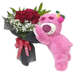 12 red roses bouquet with pink Lotso bear