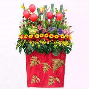 Gerbera daisies, lilies, ornamental cabbage, rose, bird of paradise, balloons and filler flowers arranged on a box stand for grand opening and congratulatory occasions by Katong Flower Shop for Singapore Delivery.