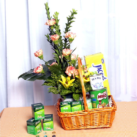 Get well basket with healthy food and flower arrangement by Katong Flower Shop for Singapore delivery.