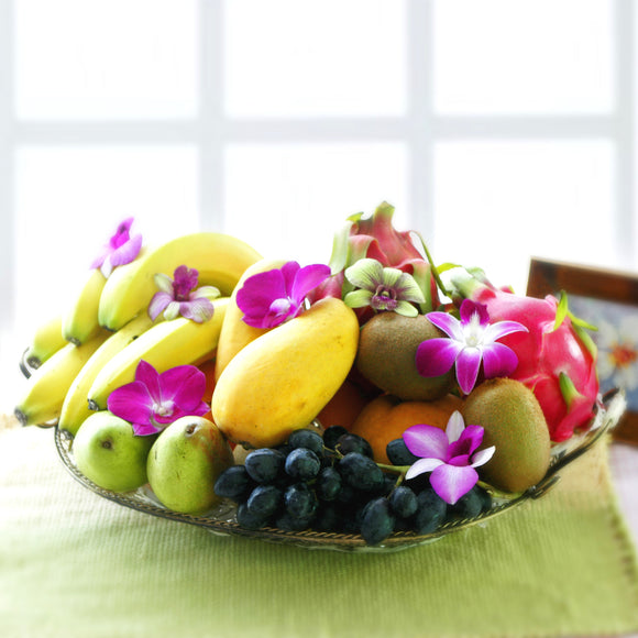 Tropical fruit get well basket with orchid flowers by Katong Flower Shop for Singapore delivery