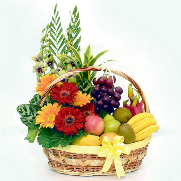 A sumptuous floral fruit basket with a ribbon for get well occasions by Katong Flower Shop for Singapore delivery