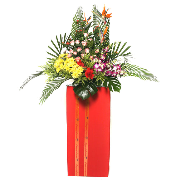 Gerbera daisies, Orchids, Roses and Bird of paradise flowers arranged on a box stand for grand opening and congratulatory occasions by Katong Flower Shop for Singapore Delivery.﻿